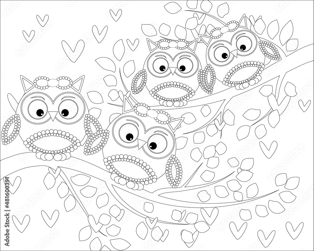 Fototapeta premium Coloring book for adult and older children. Coloring page with cute owl and floral frame. Outline drawing in zentangle style