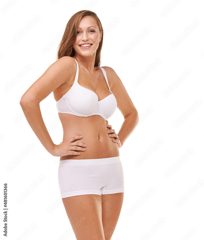 Her confidence is all natural. Full-length portrait of a confident young woman posing in her underwear. Her confidence is all natural. Full-length portrait of a confident young woman posing in her underwear.