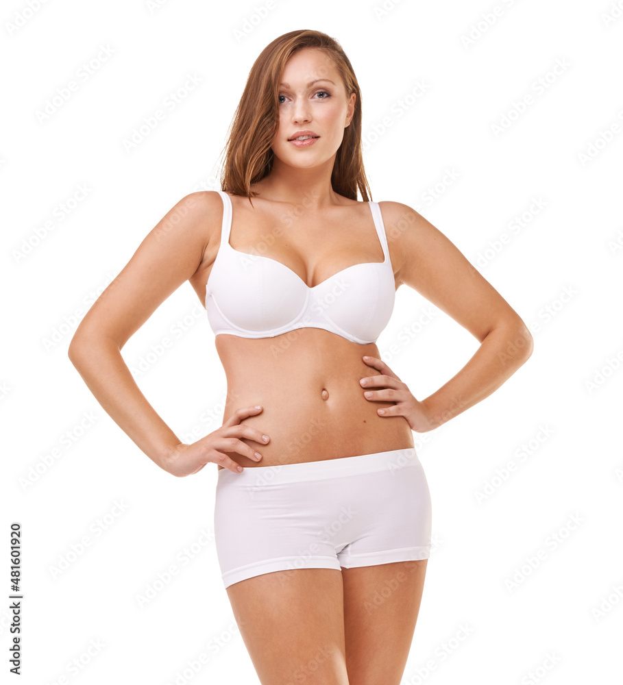 Her confidence is all natural. Full-length portrait of a confident young woman posing in her underwear. Her confidence is all natural. Full-length portrait of a confident young woman posing in her underwear.