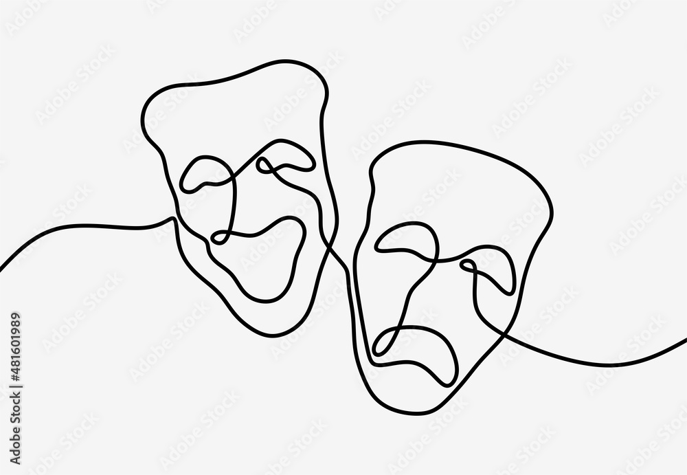 theater mask tragedy and humor oneline continuous line art Stock Vector