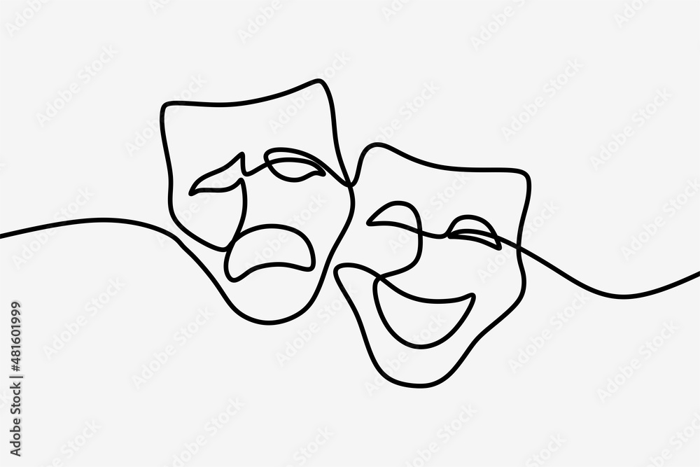Stockvector theater mask tragedy and humor oneline continuous line art |  Adobe Stock
