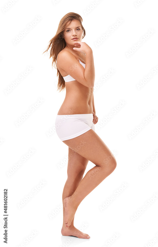Her confidence is all natural. Full-length portrait of a confident young woman posing in her underwear. Her confidence is all natural. Full-length portrait of a confident young woman posing in her underwear.
