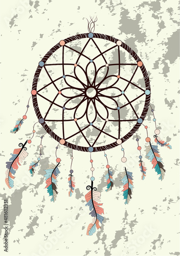 Native american indian dream catcher traditional symbol. Bright card card with colored feathers and beads.