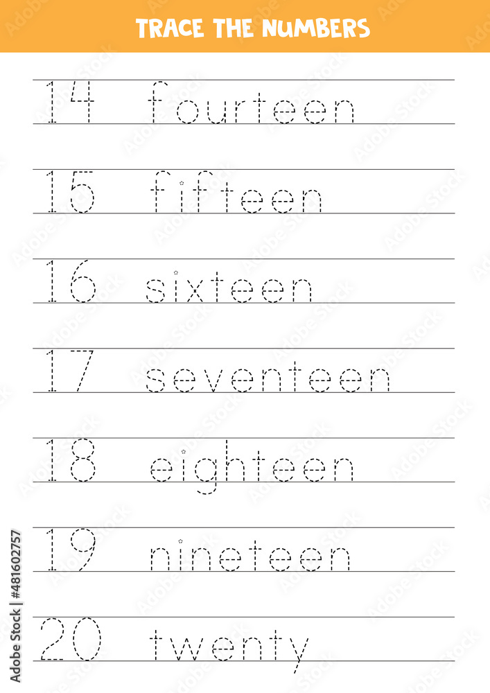 Tracing numbers in words. Worksheet for children. Tracing numbers in words. Worksheet for children.