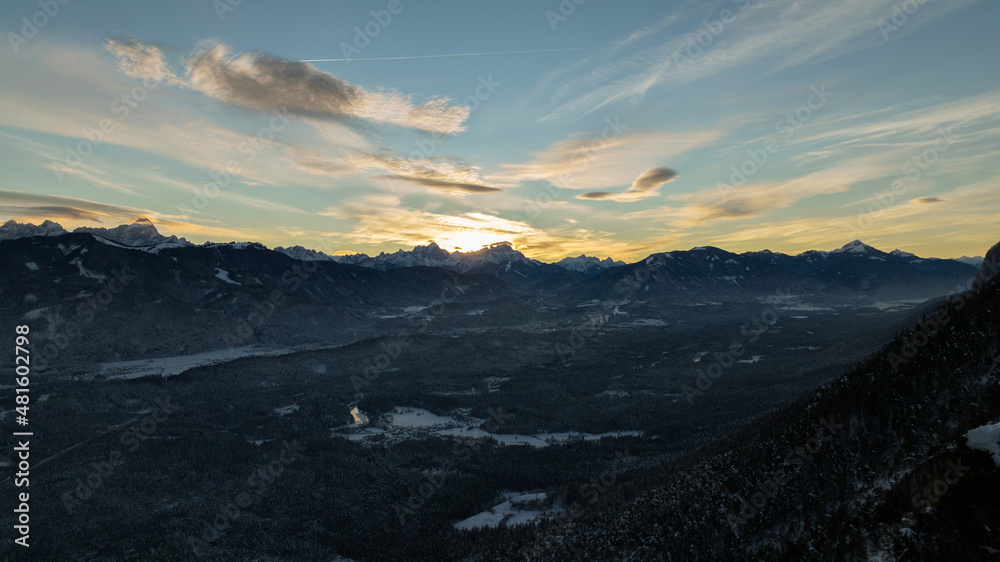 Sunset Photography at Dobratsch , Austria - Carinthia - Villach- sunset in beautiful snow winter photography in a winterwonderland environment MOUNTAIN photographed with a dji mavic-3 drone dronephoto