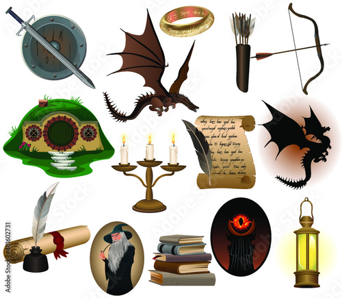 Collection of artifacts from the mysterious and full of magic fantasy world. Vector illustration photo