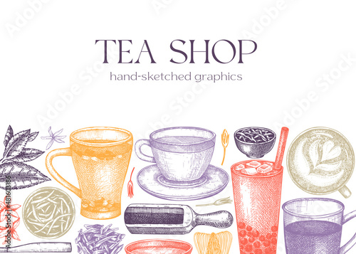 Tea shop or cafe design with hand-sketched tea drinks illustrations. Vector sketches of teacups, glasses, dried leaves, jasmine blossoms. Popular beverages background for menu or banner template