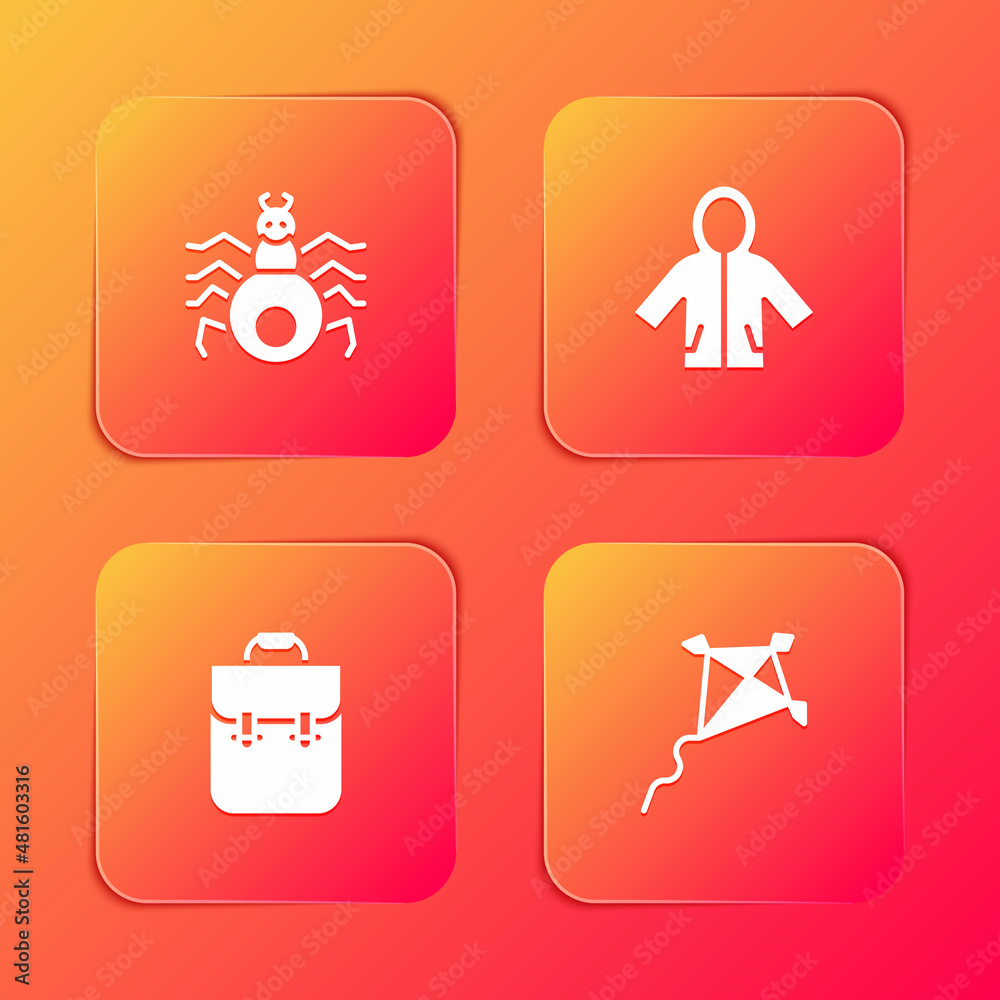 Set Spider, Raincoat, School backpack and Kite icon. Vector Set Spider, Raincoat, School backpack and Kite icon. Vector
