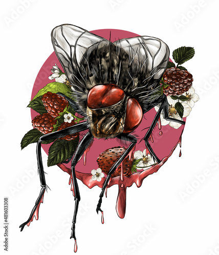 the fly sits surrounded by raspberry bushes and flowers and around a lot of ripe berries, all covered with jam and jam that flows down from her paws and spreads around, sketch vector graphics