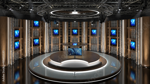 Fototapeta Naklejka Na Ścianę i Meble -  Virtual TV Studio Set. Green screen background. 3d Rendering.

Virtual set studio for chroma footage. wherever you want it, With a simple setup, a few square feet of space, and Virtual Set. you can tr