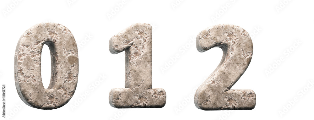 Stone numbers 0, 1, 2. 3d render. Rock alphabet. Path save. Stone numbers 0, 1, 2. 3d render. Rock alphabet. Path save.