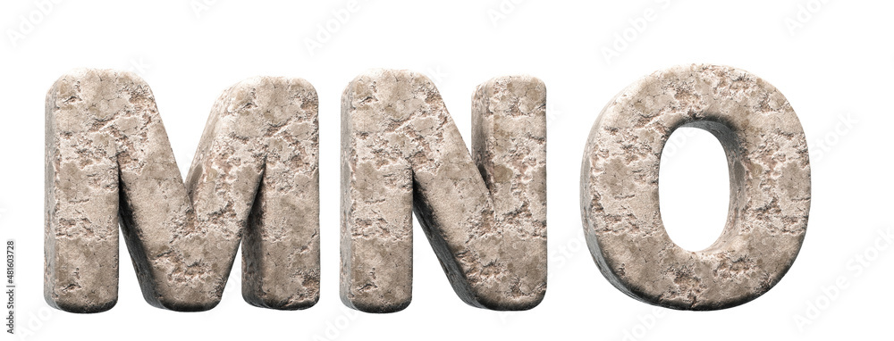 Fototapeta premium Stone letters M, N, O. 3d render. Rock alphabet. Path save.