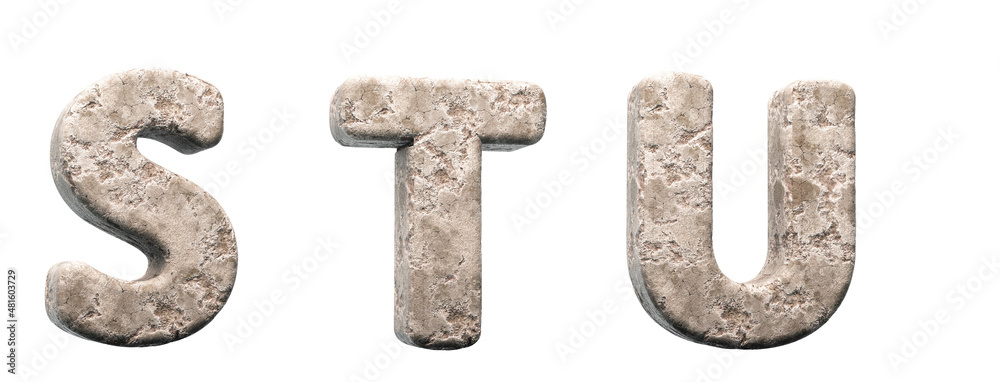 Stone letters S, T, U. 3d render. Rock alphabet. Path save. Stone letters S, T, U. 3d render. Rock alphabet. Path save.