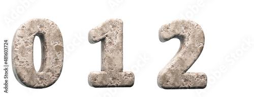 Stone numbers 0, 1, 2. 3d render. Rock alphabet. Path save.