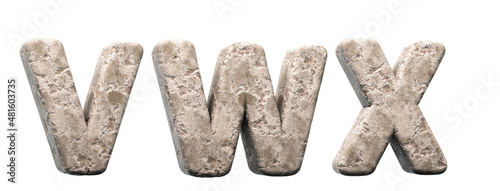 Stone letters V, W, X. 3d render. Rock alphabet. Path save.