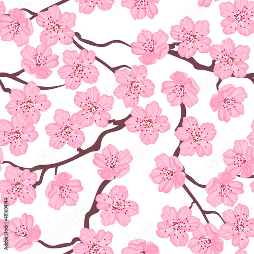 Branches of blooming pink sakura. Spring flowers seamless pattern. Floral background. Vector cartoon flat illustration.