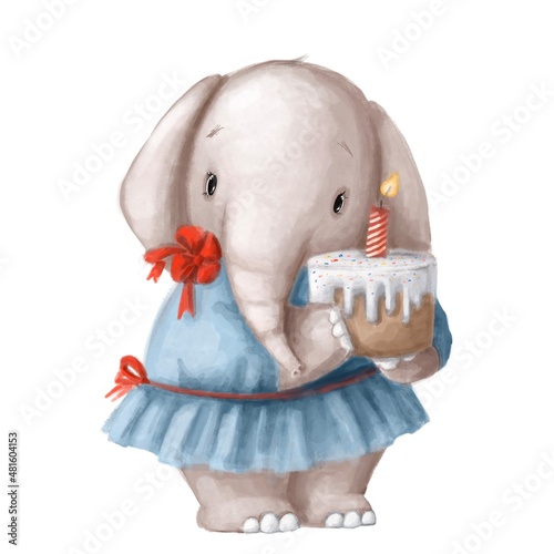 cute baby elephant with birthday cake, watercolor illustration, holiday clipart with cartoon character