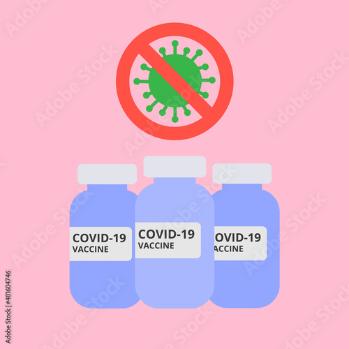 Сovid coronavirus vaccine. Vaccine bottle Covid-19 immunization treatment Omicron or Delta variant. Web vector illustration