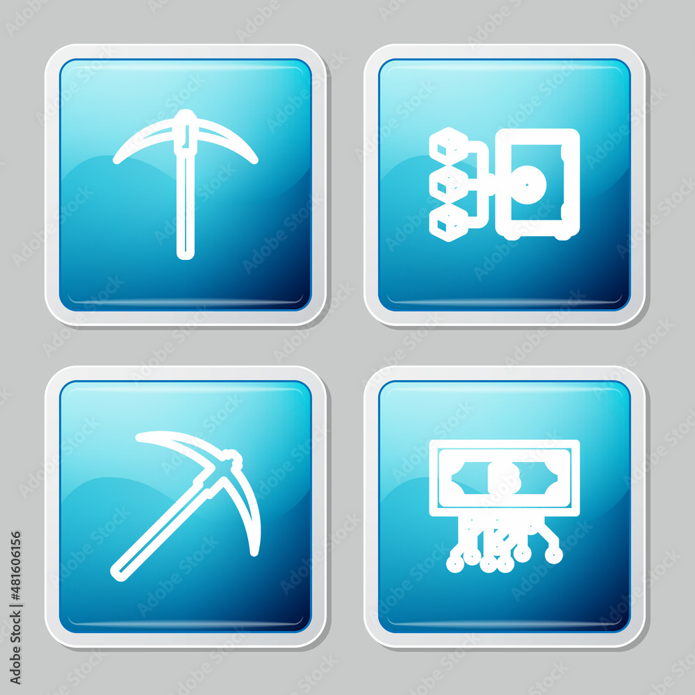 Set line Pickaxe, Proof of stake, and Cryptocurrency bitcoin with circuit icon. Vector Set line Pickaxe, Proof of stake, and Cryptocurrency bitcoin with circuit icon. Vector
