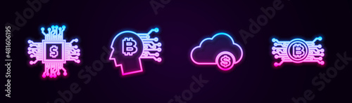 Set line Processor chip with dollar, Bitcoin think, Cryptocurrency cloud mining and bitcoin circuit. Glowing neon icon. Vector