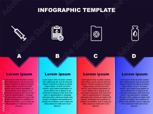 Set line Syringe, Clipboard with blood test, Clinical record and Medical vial, ampoule. Business infographic template. Vector