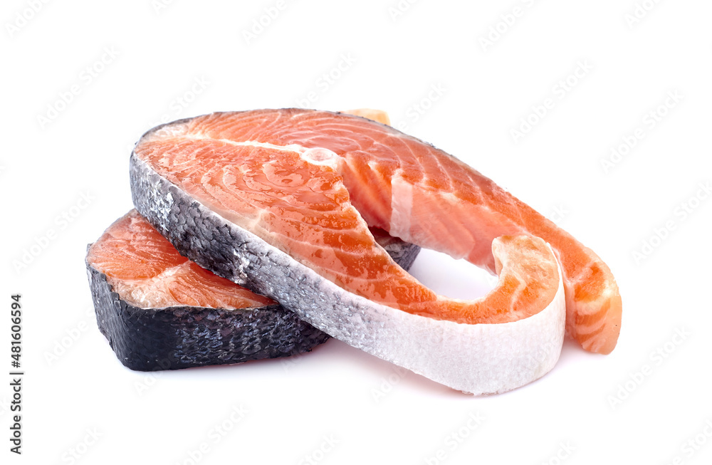 Salmon fish on white background closeup. Salted salmon steaks isolated. Salmon fish on white background closeup. Salted salmon steaks isolated.