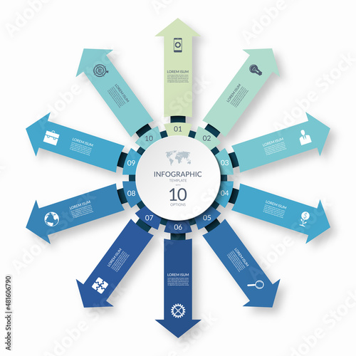 Infographic circle with 10 arrows pointing from the center. 10-step vector template for business infographics.
