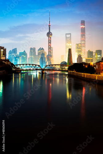 The colorful picture of Lujiazui at sunrise in Shanghai.