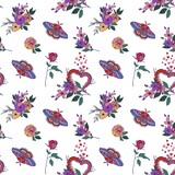 Valentines day vector seamless pattern.  Moths and caterpillars in love. Blooming garden.
