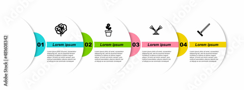Set line Tree, Flower in pot, Automatic irrigation sprinklers and Garden rake. Business infographic template. Vector