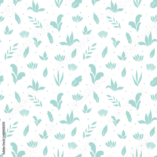 Seamless pattern with natural elements: leaves, twigs, flowers. Minimalistic monochrome background. Vector illustration.