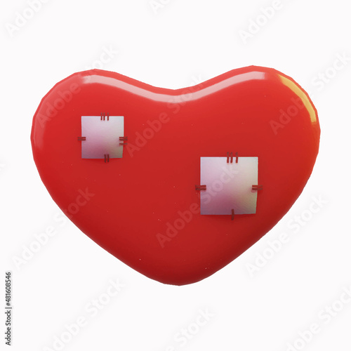 Realistic detailed 3D red heart with patches, a symbol of pain and love.