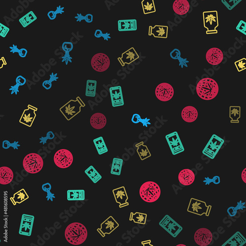 Set line Test tube with marijuana, Online buying, Medical bottle and Legalize on seamless pattern. Vector
