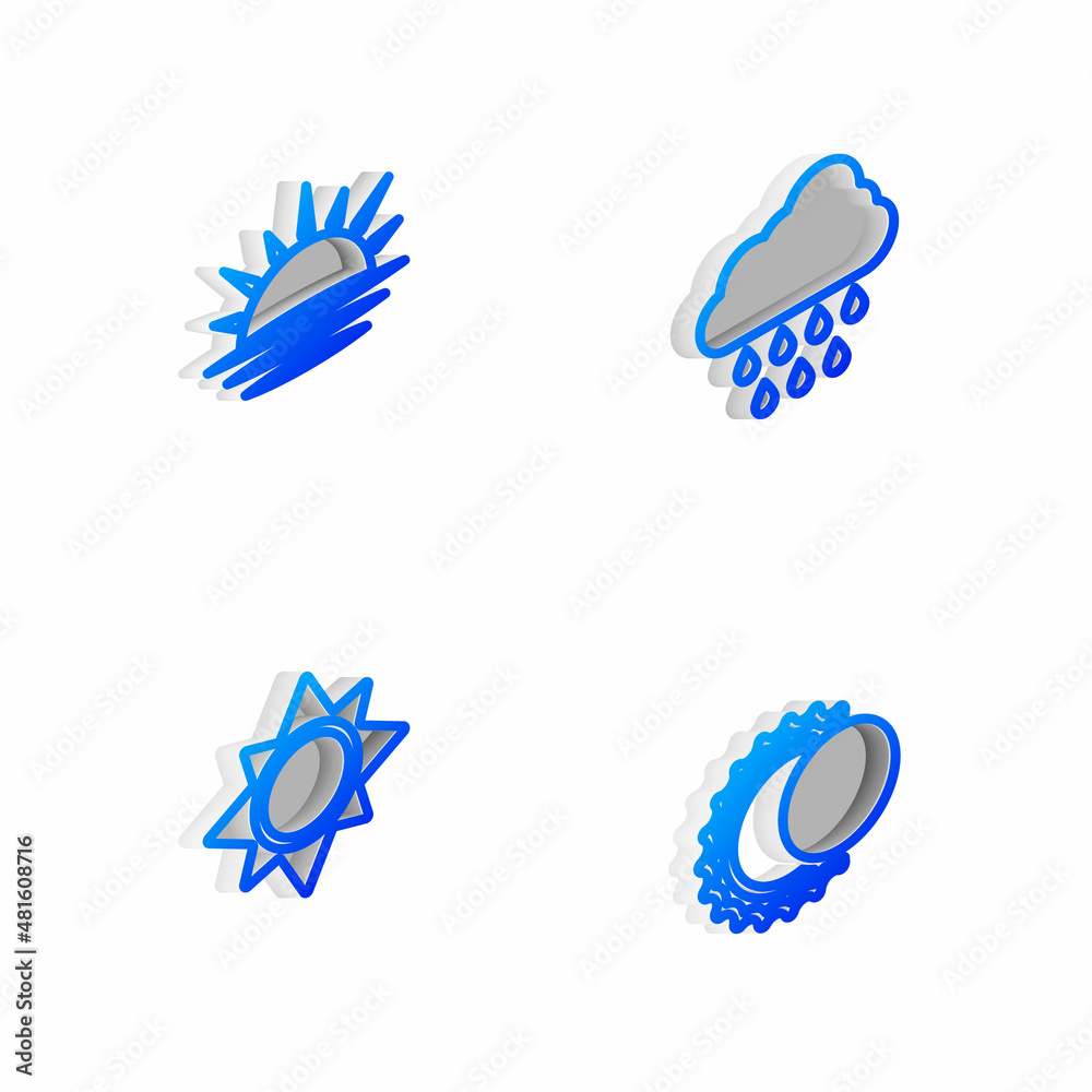 Set Isometric line Cloud with rain, Sunset, and Eclipse of the sun icon. Vector