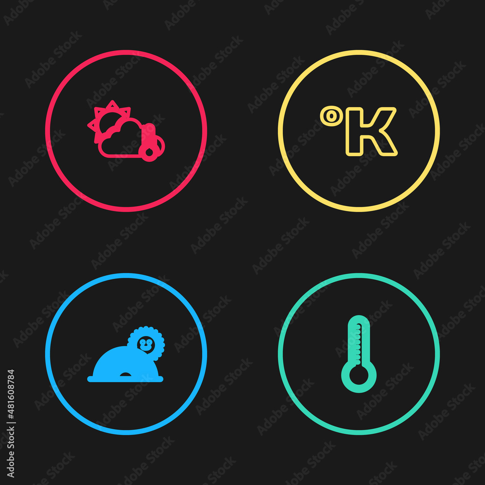 Set line Rainbow with sun, Meteorology thermometer, Kelvin and Thermometer and cloud, icon. Vector Set line Rainbow with sun, Meteorology thermometer, Kelvin and Thermometer and cloud, icon. Vector