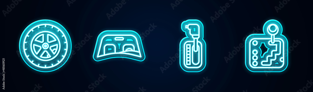Set line Car wheel, windscreen, Gear shifter and . Glowing neon icon. Vector Set line Car wheel, windscreen, Gear shifter and . Glowing neon icon. Vector