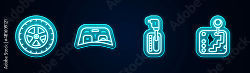 Set line Car wheel, windscreen, Gear shifter and . Glowing neon icon. Vector