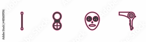 Set line Cotton swab for ears, Facial cosmetic mask, Makeup powder with mirror and Hair dryer icon. Vector