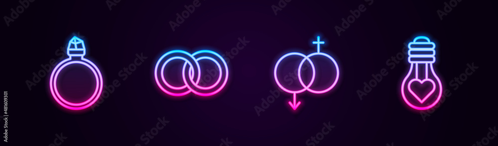 Set line Diamond engagement ring, Wedding rings, Gender and Heart shape light bulb. Glowing neon icon. Vector Set line Diamond engagement ring, Wedding rings, Gender and Heart shape light bulb. Glowing neon icon. Vector