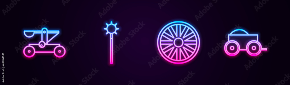 Set line Catapult shooting stones, Medieval chained mace ball, Old wooden wheel and Wooden four-wheel cart. Glowing neon icon. Vector Set line Catapult shooting stones, Medieval chained mace ball, Old wooden wheel and Wooden four-wheel cart. Glowing neon icon. Vector