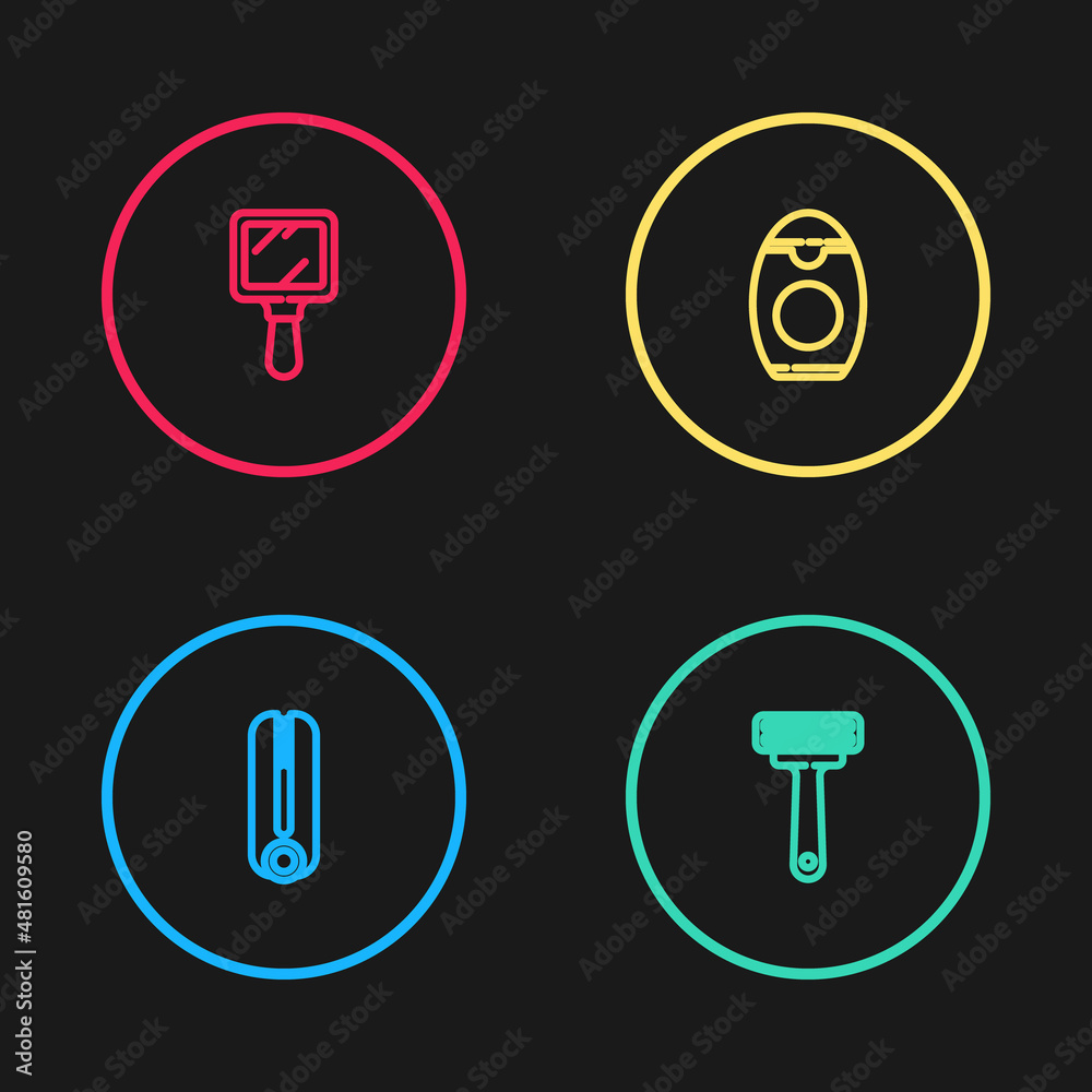 Set line Curling iron for hair, Shaving razor, Bottle of shampoo and Hand mirror icon. Vector Set line Curling iron for hair, Shaving razor, Bottle of shampoo and Hand mirror icon. Vector
