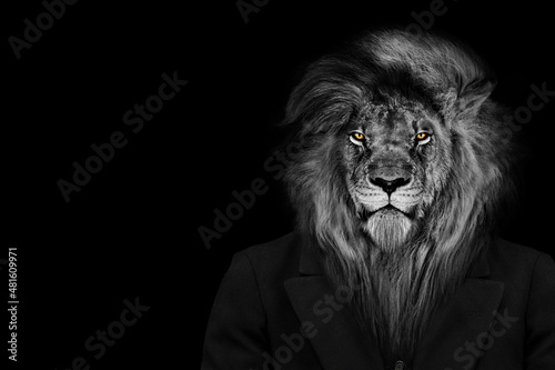Man in the form of a Lion , The lion person , animal face isolated black white