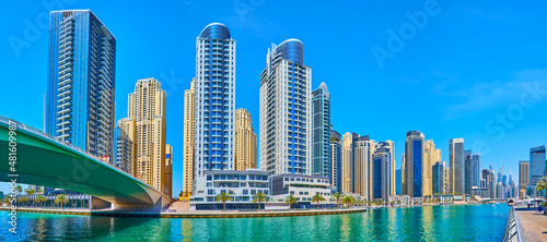 Canvas Print Panorama of Dubai Marina with skyscrapers and Al Sayorah bridge, Dubai, UAE