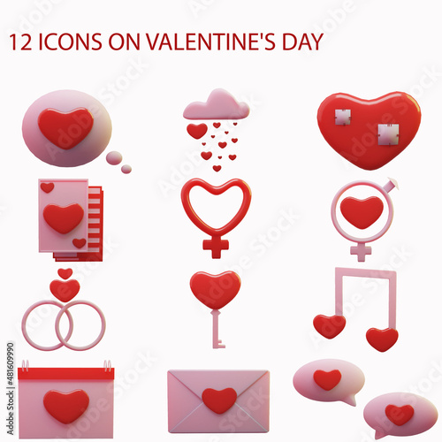 3D Valentine icon set isolated on white background. Valentine's day concept.