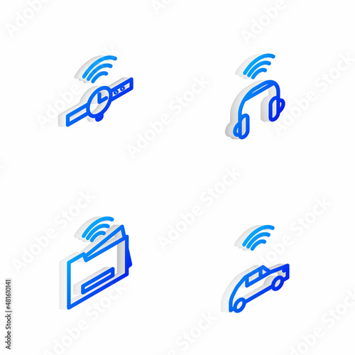Set Isometric line Smart headphones, Smartwatch, printer and car system with wireless icon. Vector
