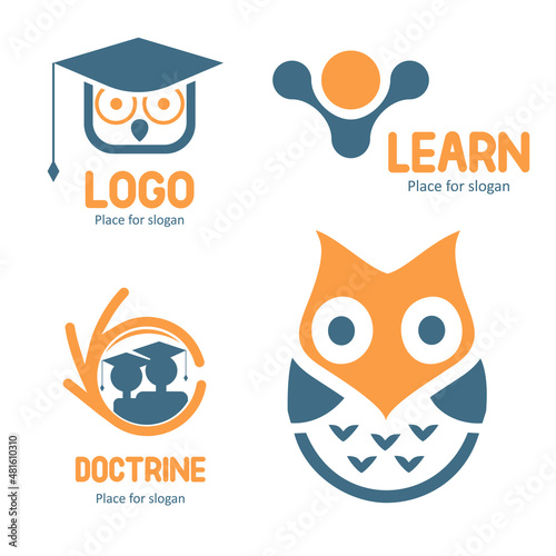 Isolated abstract studying vector logo set. Cartoon owl character logotypes collection. Education icons. School and university emblems.