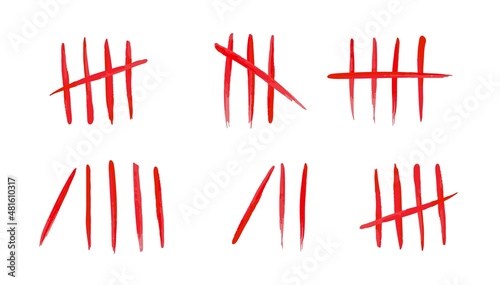 Tally marks set on white background. Collection of blood red hash marks signs of prison wall, jail or desert island lost day tally numbers counting. Vector chalk drawn sticks lines counter.