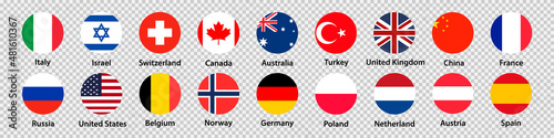 National flag icon set isolated on transparent background