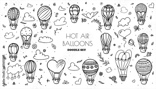Doodle vector set of hot air balloons with clouds. Colorful hand draw illustration flying vehicles. Romantic balloons. Sky with tourist balloons for flight. Cartoon style