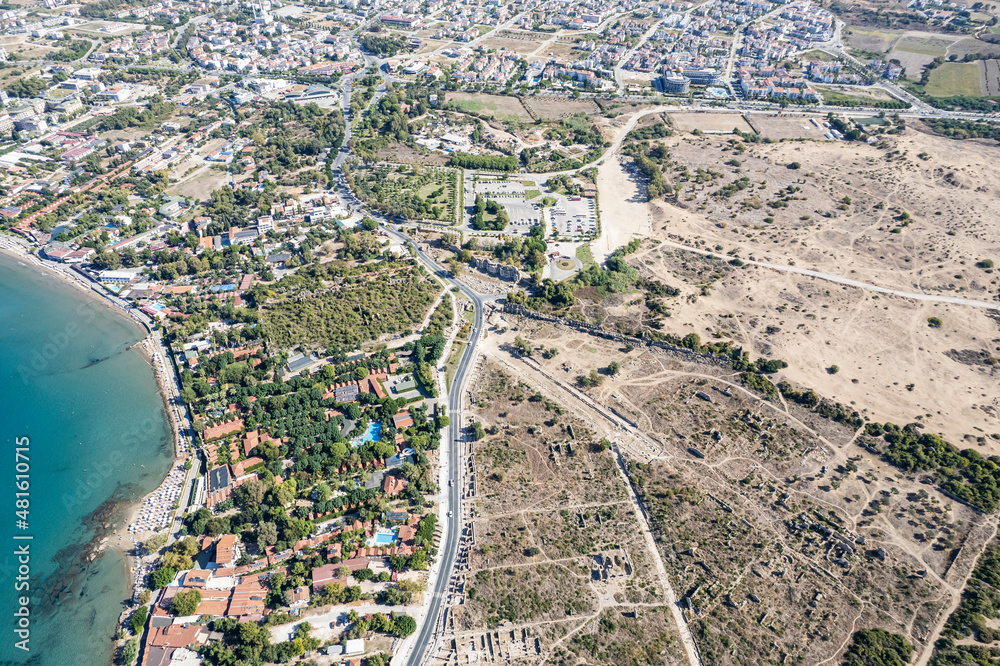 Aerial drone View Of Side Antique City . Side Old Town amphitheater. Side Harbor marina in Antalya Turkey drone photo view